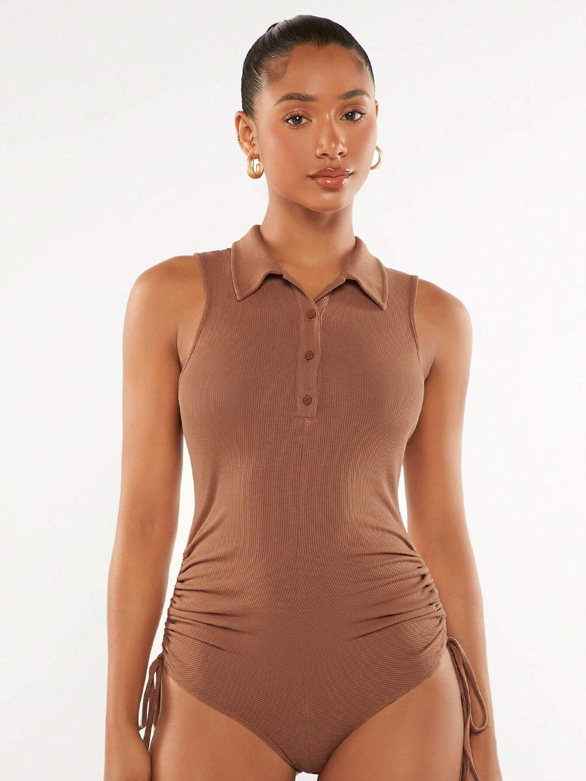 Drawstring Ruched Side Button Front Tank Bodysuit