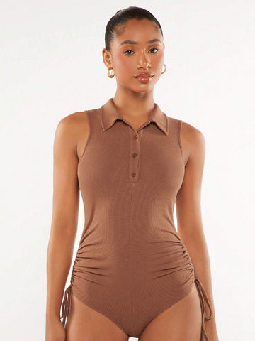 Drawstring Ruched Side Button Front Tank Bodysuit