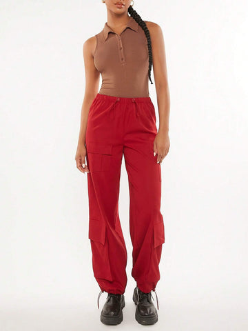 Drawstring Ruched Side Button Front Tank Bodysuit