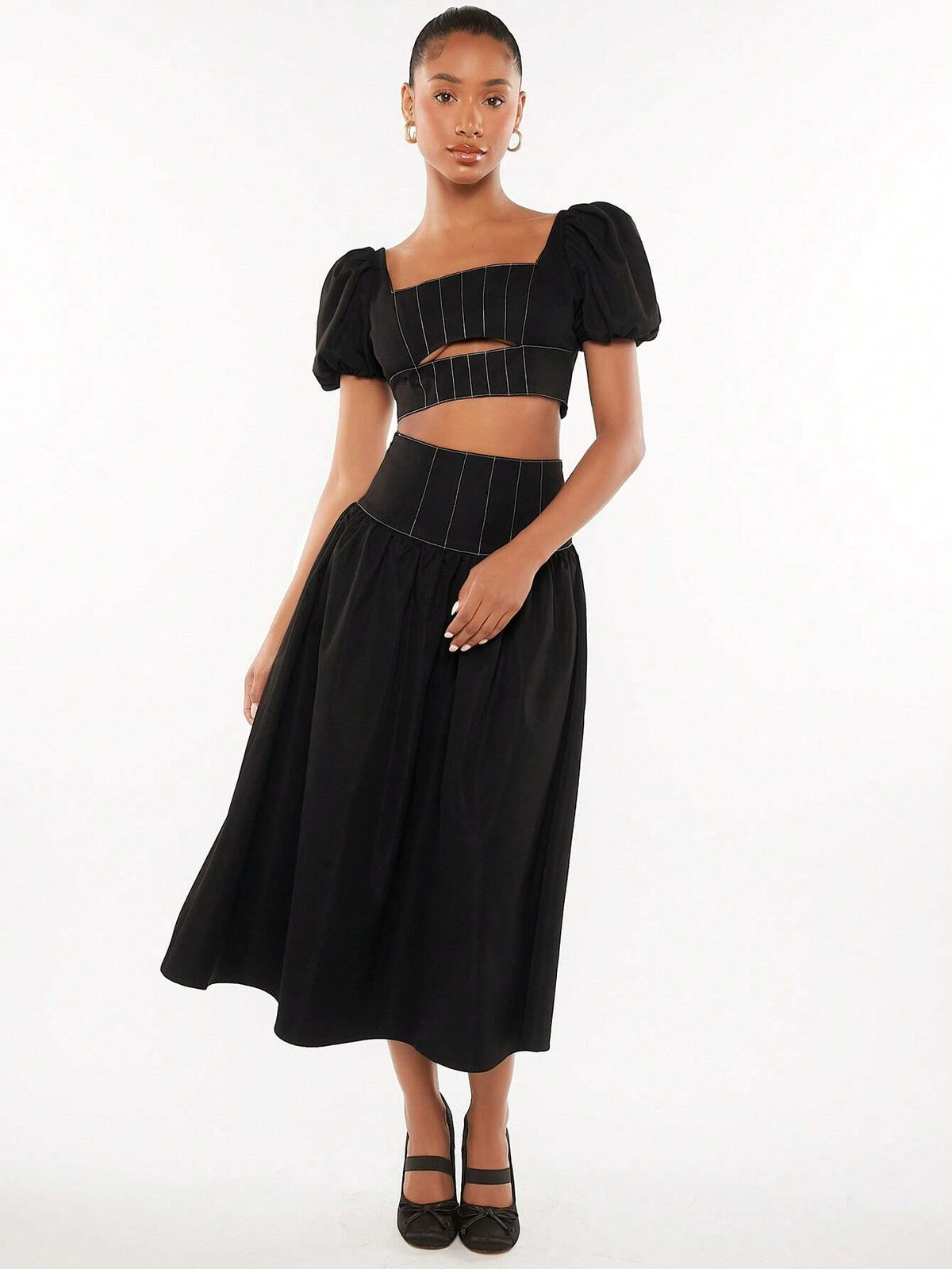 Square Neck Puff Sleeve Crop Top & Skirt