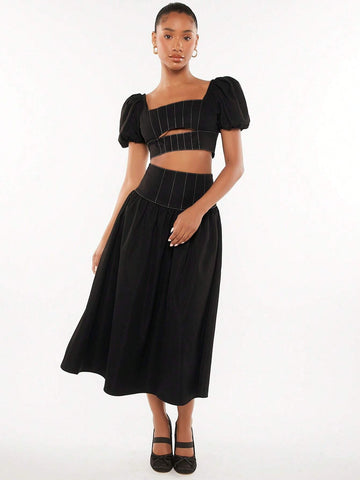 Square Neck Puff Sleeve Crop Top & Skirt