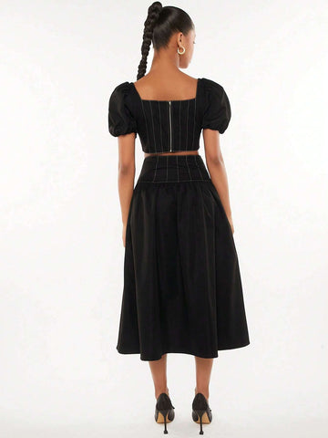 Square Neck Puff Sleeve Crop Top & Skirt