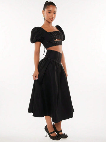 Square Neck Puff Sleeve Crop Top & Skirt
