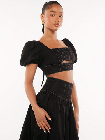 Square Neck Puff Sleeve Crop Top & Skirt