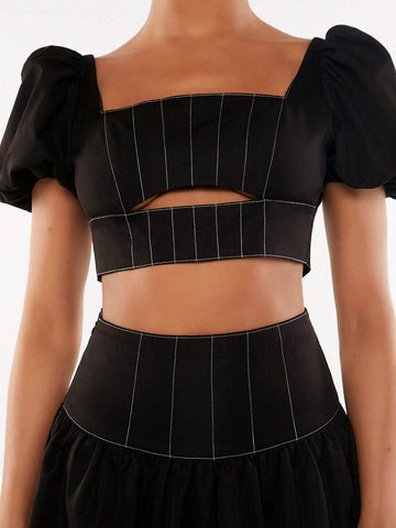 Square Neck Puff Sleeve Crop Top & Skirt