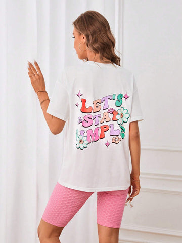 EMERY ROSE Cartoon & Slogan Graphic Drop Shoulder Tee & Honeycomb Textured Biker Shorts
