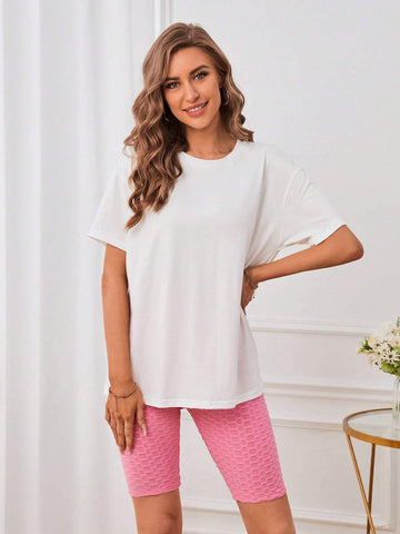 EMERY ROSE Cartoon & Slogan Graphic Drop Shoulder Tee & Honeycomb Textured Biker Shorts