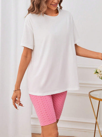 EMERY ROSE Cartoon & Slogan Graphic Drop Shoulder Tee & Honeycomb Textured Biker Shorts