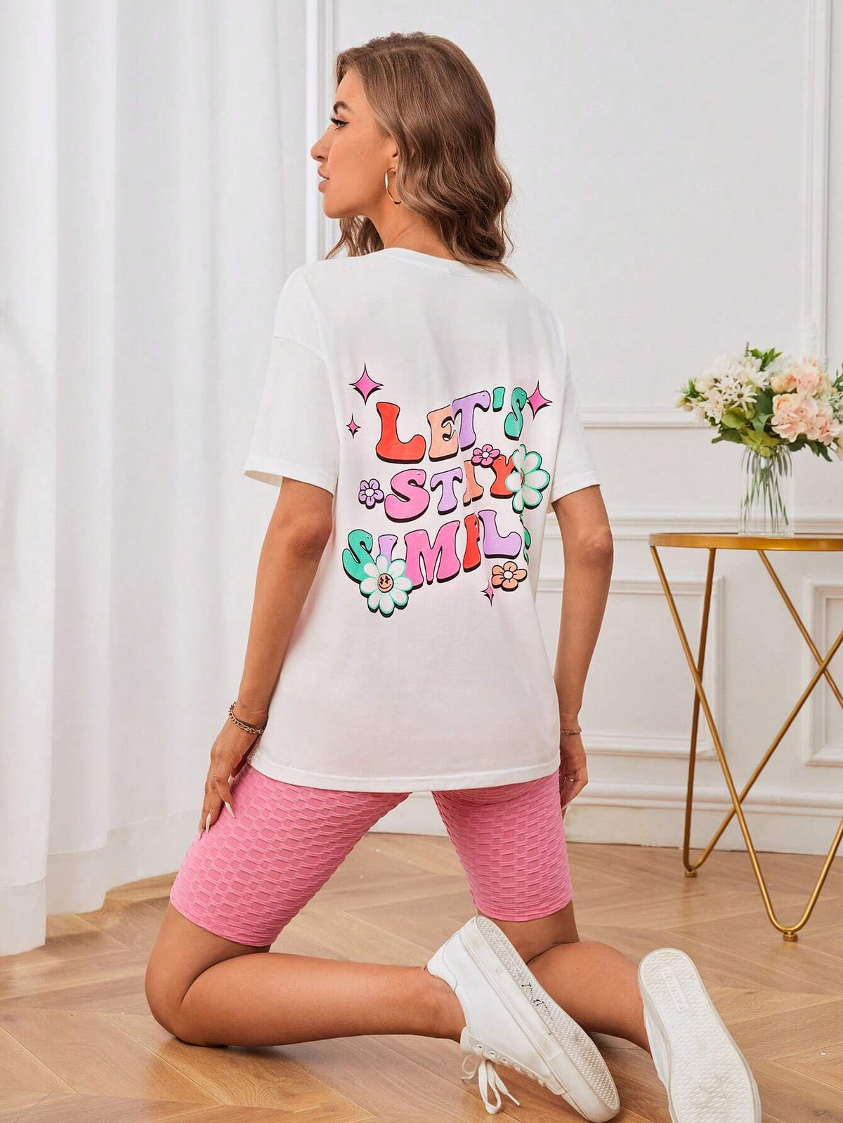 EMERY ROSE Cartoon & Slogan Graphic Drop Shoulder Tee & Honeycomb Textured Biker Shorts