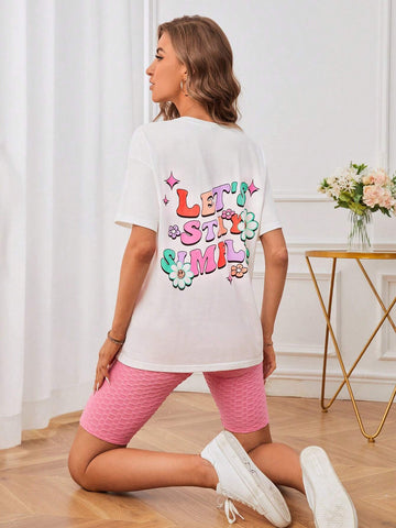 EMERY ROSE Cartoon & Slogan Graphic Drop Shoulder Tee & Honeycomb Textured Biker Shorts