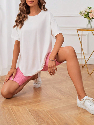 EMERY ROSE Cartoon & Slogan Graphic Drop Shoulder Tee & Honeycomb Textured Biker Shorts