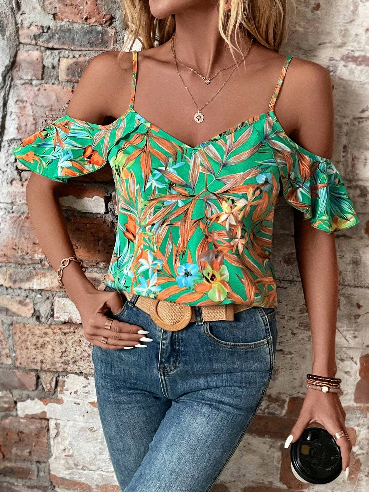 Tropical Print Cold Shoulder Ruffle Trim Blouse