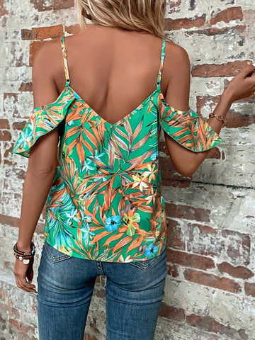 Tropical Print Cold Shoulder Ruffle Trim Blouse