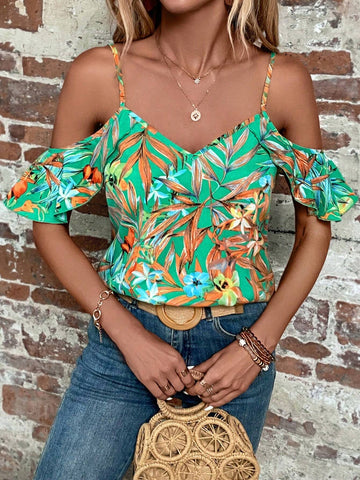 Tropical Print Cold Shoulder Ruffle Trim Blouse