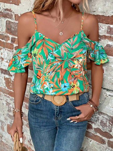 Tropical Print Cold Shoulder Ruffle Trim Blouse