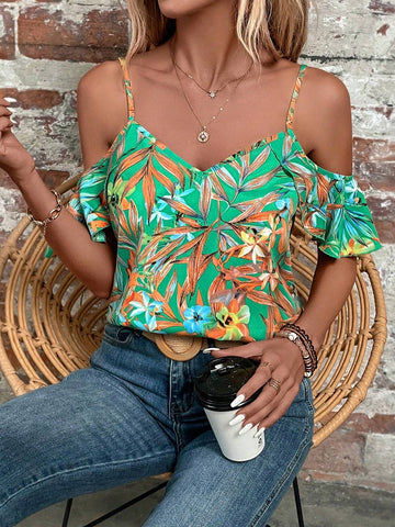 Tropical Print Cold Shoulder Ruffle Trim Blouse