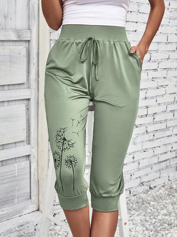 EMERY ROSE Dandelion Print Tie Front Slant Pocket Pants