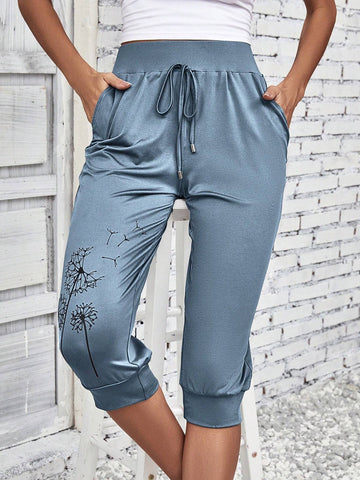 EMERY ROSE Dandelion Print Tie Front Slant Pocket Pants