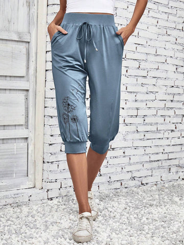 EMERY ROSE Dandelion Print Tie Front Slant Pocket Pants