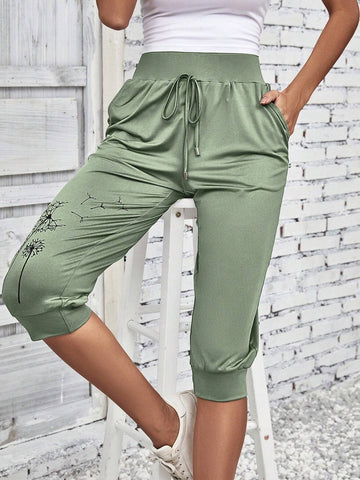 EMERY ROSE Dandelion Print Tie Front Slant Pocket Pants