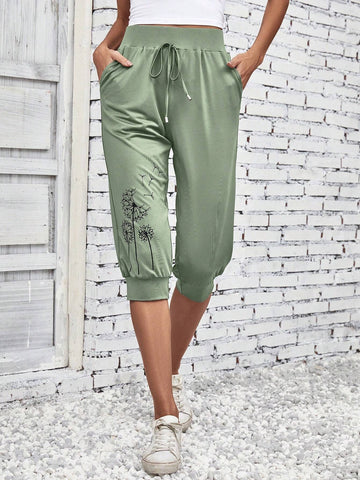 EMERY ROSE Dandelion Print Tie Front Slant Pocket Pants
