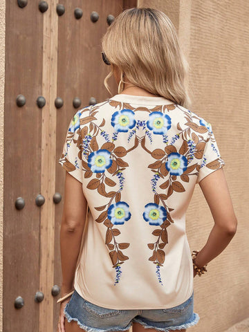 Floral Print Notched Neckline Batwing Sleeve Blouse