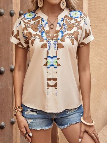 Floral Print Notched Neckline Batwing Sleeve Blouse