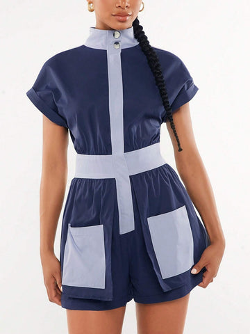 Colorblock Patched Pocket Romper