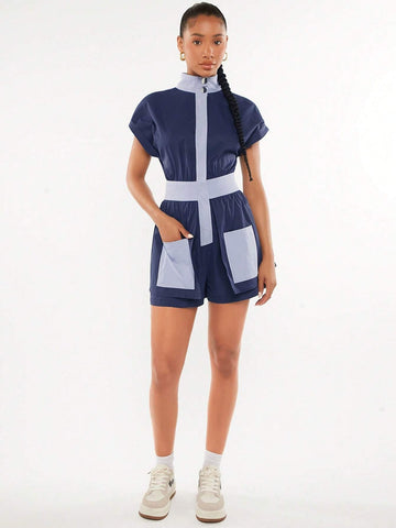 Colorblock Patched Pocket Romper