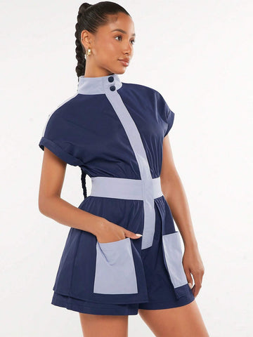 Colorblock Patched Pocket Romper