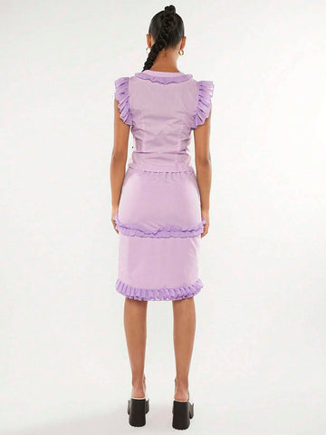 Ruffle Trim Ruched Front Top & Bodycon Skirt