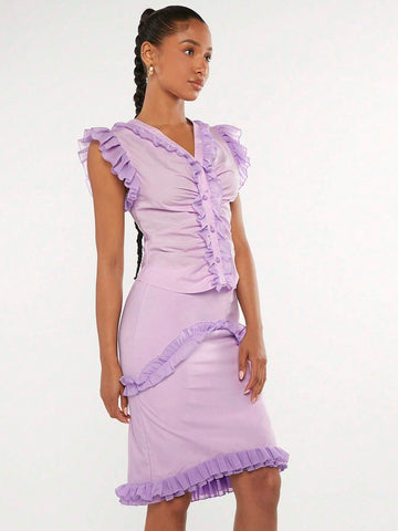 Ruffle Trim Ruched Front Top & Bodycon Skirt