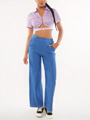 Ruched Bust Push Buckle Detail Crop Top