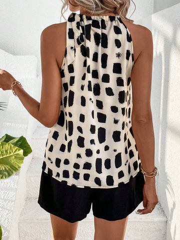 EMERY ROSE Allover Print Knot Shoulder Halter Top & Paperbag Waist Belted Shorts