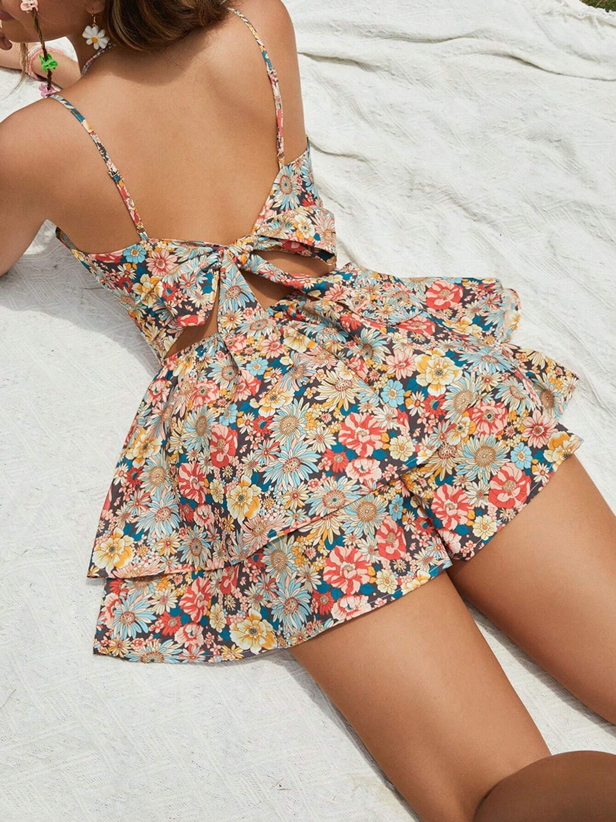 Allover Floral Print Tie Backless Two Layer Hem Cami Romper