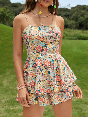 Allover Floral Print Tie Backless Two Layer Hem Cami Romper