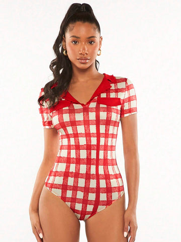 Plaid Print Slim Fit Tee Bodysuit