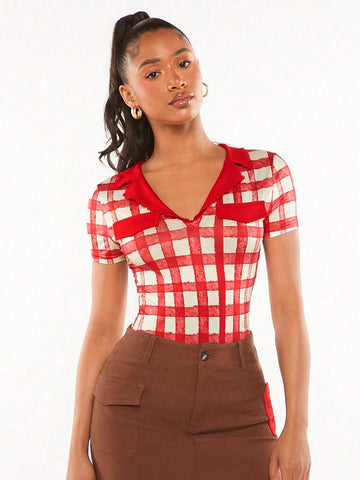 Plaid Print Slim Fit Tee Bodysuit