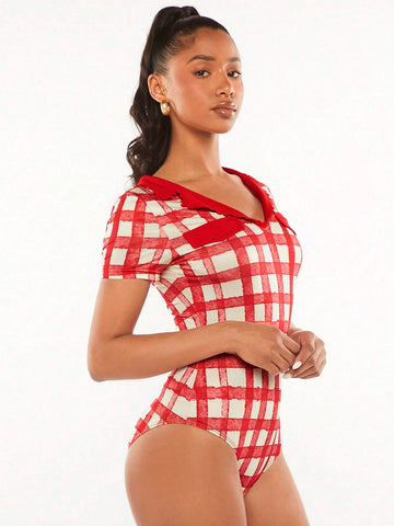 Plaid Print Slim Fit Tee Bodysuit