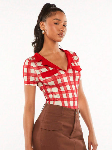 Plaid Print Slim Fit Tee Bodysuit