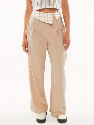 Plaid Print Fold Pleated Detail Wide Leg Pants