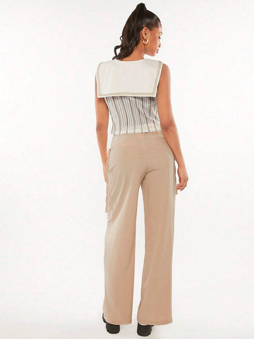 Plaid Print Fold Pleated Detail Wide Leg Pants