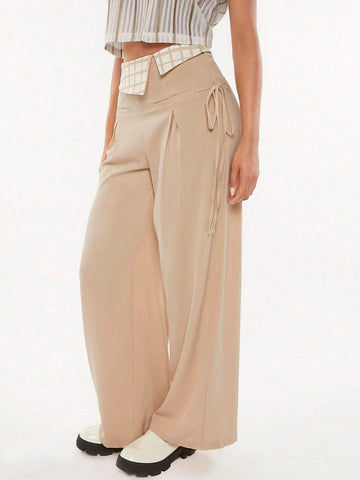 Plaid Print Fold Pleated Detail Wide Leg Pants