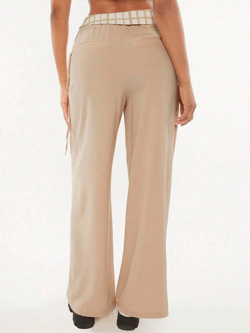 Plaid Print Fold Pleated Detail Wide Leg Pants