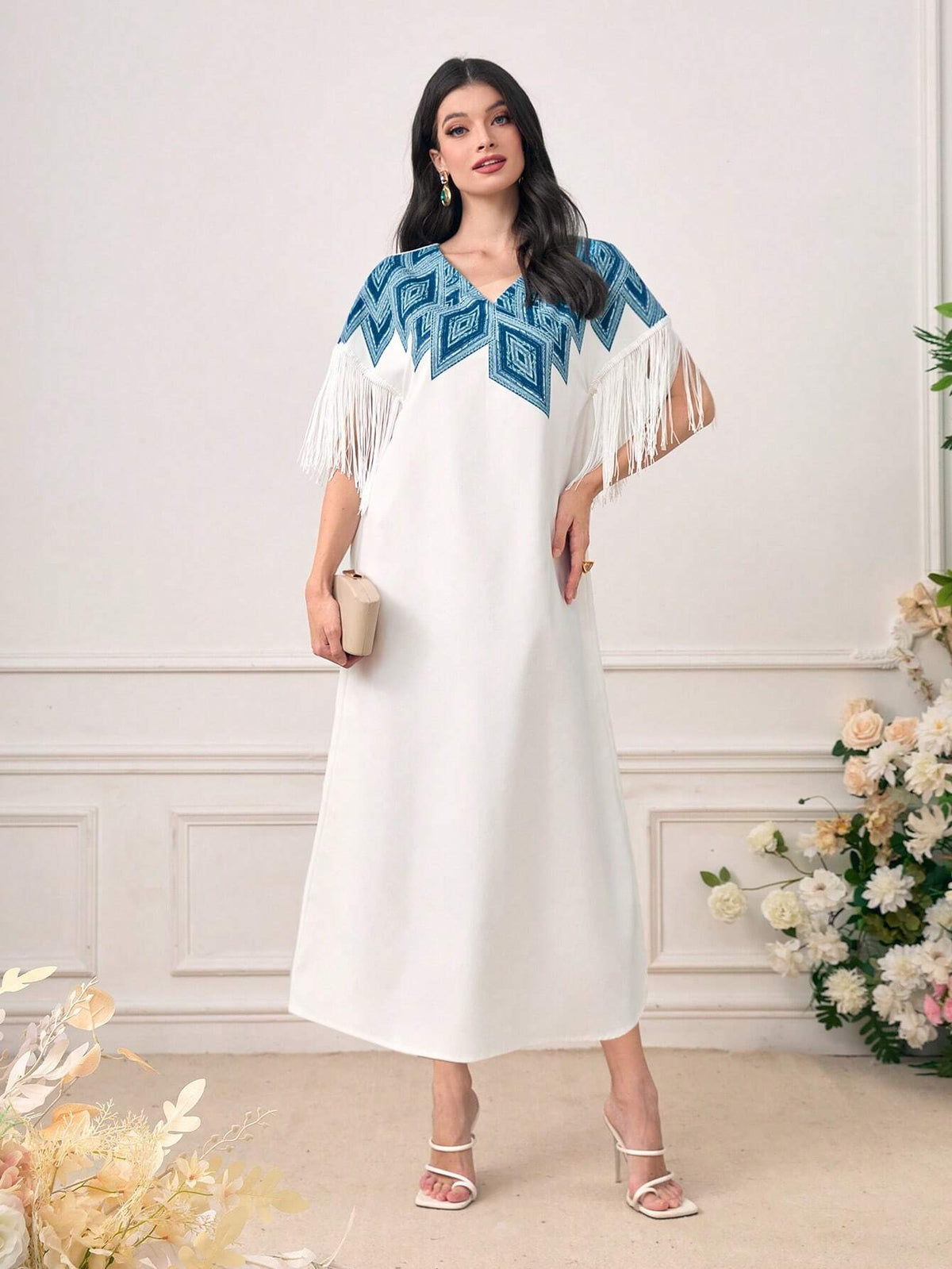 Geo Print Fringe Trim Batwing Sleeve Dress