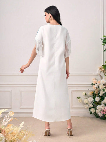 Geo Print Fringe Trim Batwing Sleeve Dress