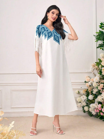 Geo Print Fringe Trim Batwing Sleeve Dress