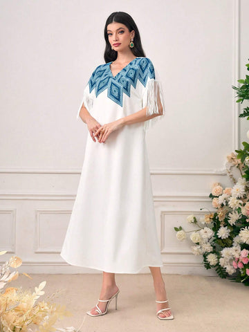 Geo Print Fringe Trim Batwing Sleeve Dress