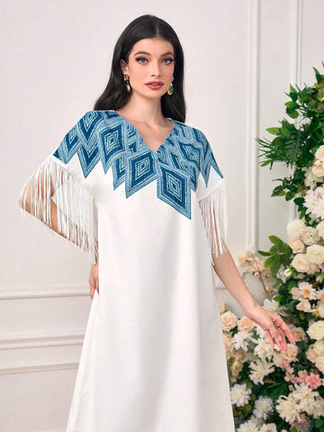 Geo Print Fringe Trim Batwing Sleeve Dress