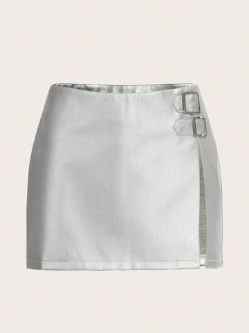 High Waist Split Thigh PU Skirt